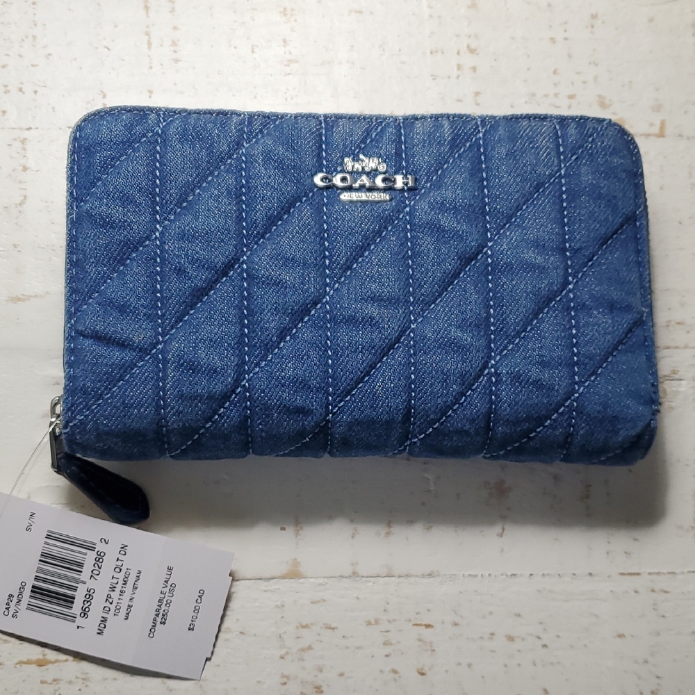 Coach Medium Zip Quilted Denim Wallet NWT